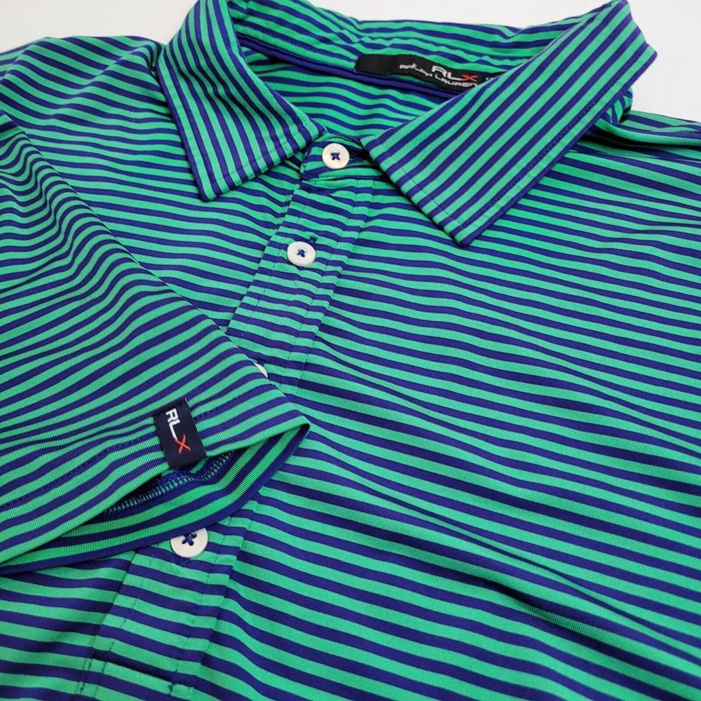 RLX Ralph Lauren Polo Shirt Mens XL Green Purple Striped Golf Performance Exc